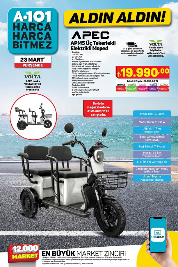 A101 23 Mart 2023 Kataloğu - APEC APM5 Üç Tekerlekli Elektrikli Moped