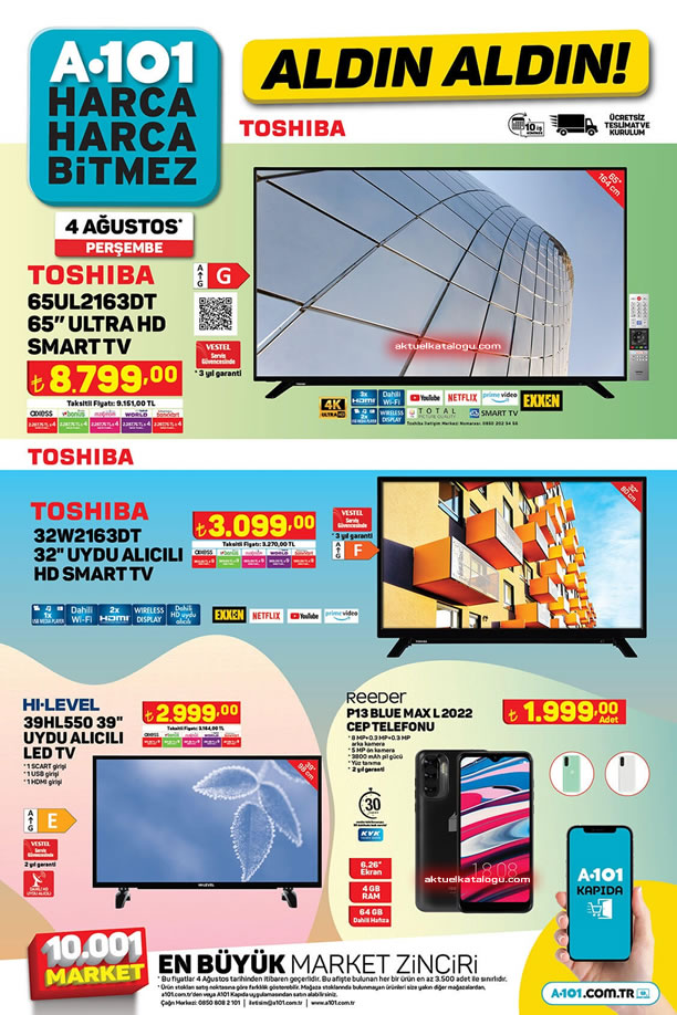 A101 4 Ağustos 2022 Kataloğu - Toshiba Uydu Alıcılı HD Smart Tv