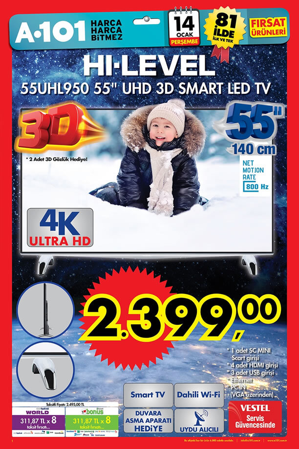 A101 Aktüel 14 Ocak 2016 Broşürü - HI-LEVEL 55UHL950 3D Smart Led Tv