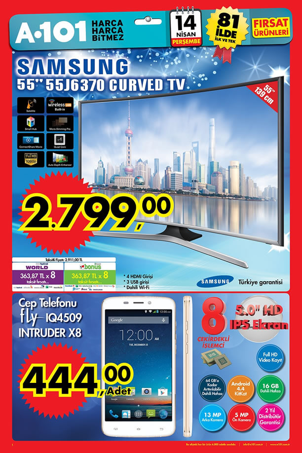 A101 Aktüel Ürünler 14 Nisan 2016 Katalogu - Samsung 55J6370 Curved Tv