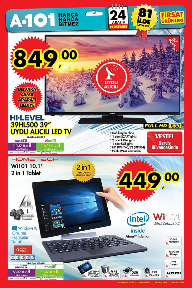 A101 Aktüel Ürünler 24 Aralık 2015 Katalogu - HI-LEVEL 39HL500 Uydu Alıcılı Led Tv