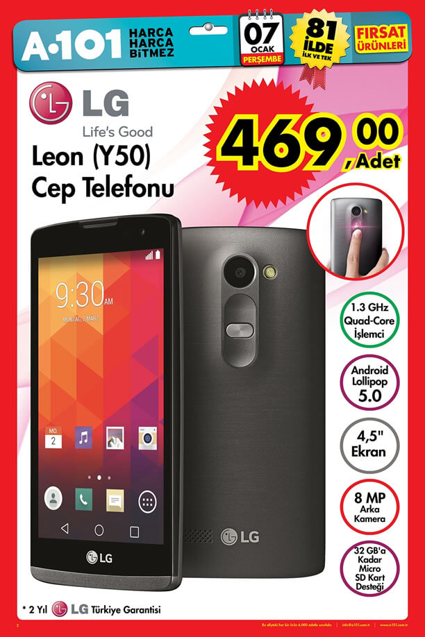 A101 Fırsatları 7 Ocak 2016 Broşürü - LG Leon (Y50) Cep Telefonu