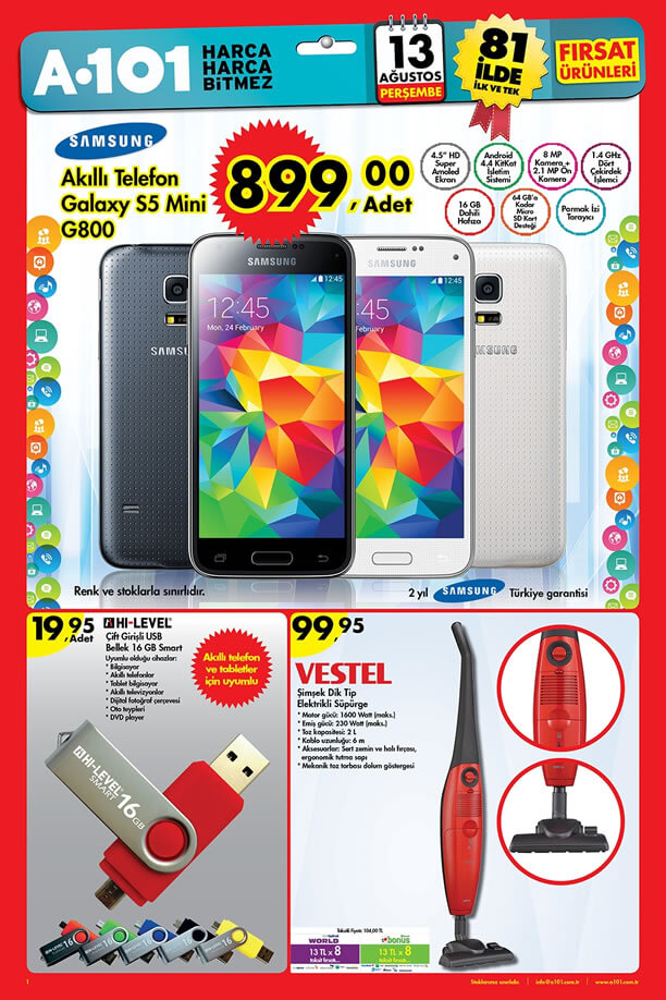 A101 13 Ağustos 2015 Aktüel Ürünler Katalogu - Samsung Galaxy S5 Mini G800