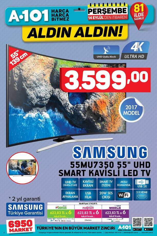 A101 14 Eylül 2017 - Samsung Kavisli Led Tv