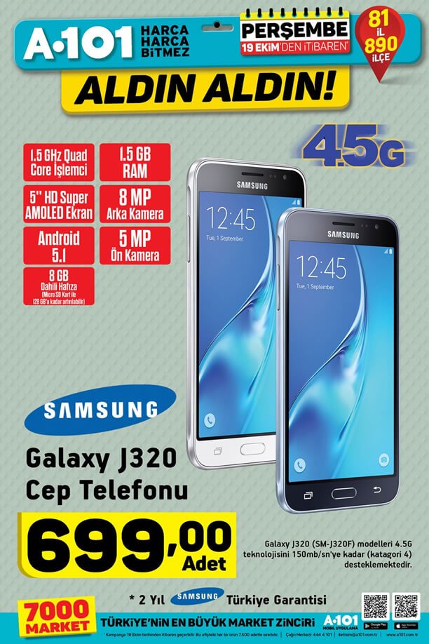 A101 19 Ekim 2017 - Samsung Galaxy J320 Cep Telefonu