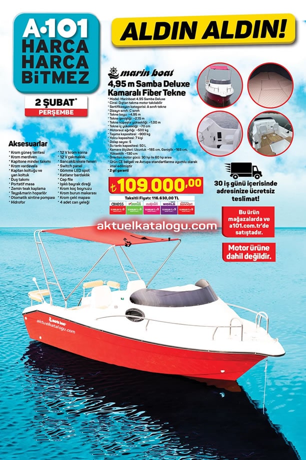 A101 2 Şubat 2023 Kataloğu - Marin Boat Samba Deluxe Kamaralı Fiber Tekne