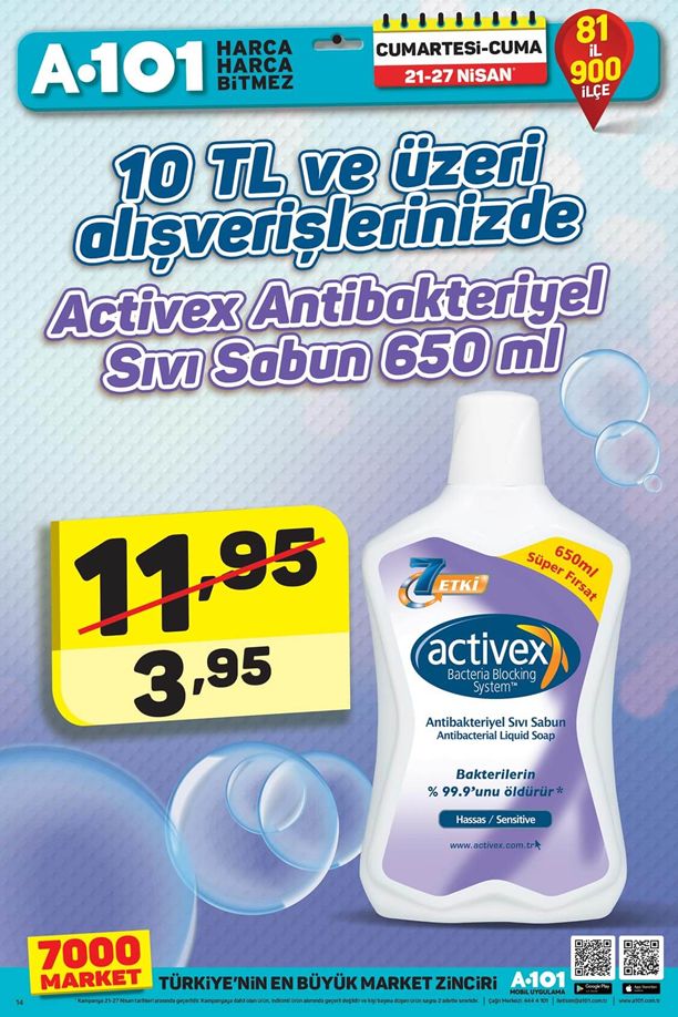 A101 21 - 27 Nisan 2018 Hafta Sonu Kampanyası - Activex Sıvı Sabun