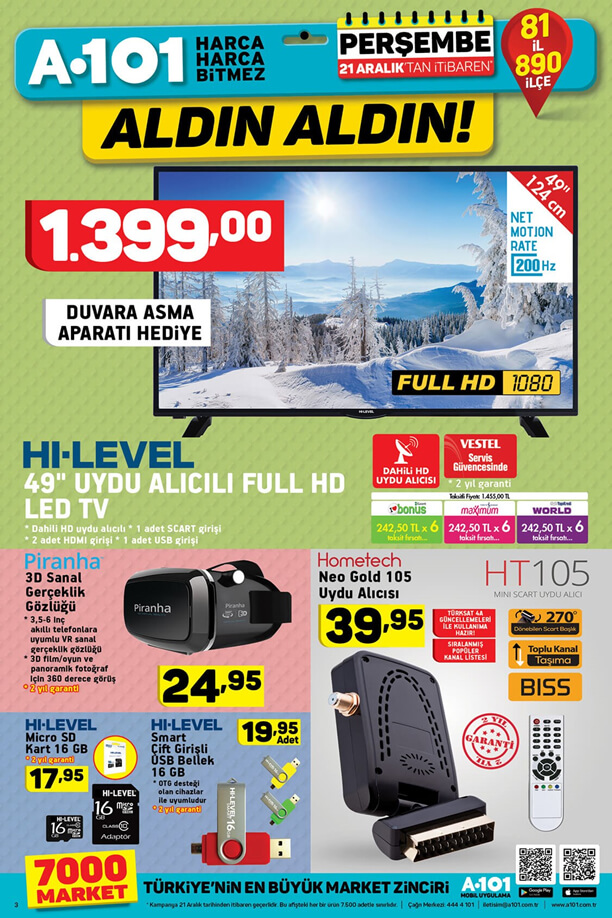 A101 21 Aralık 2017 Aktüel Katalogu - HI-LEVEL Uydu Alıcılı Full HD Led Tv