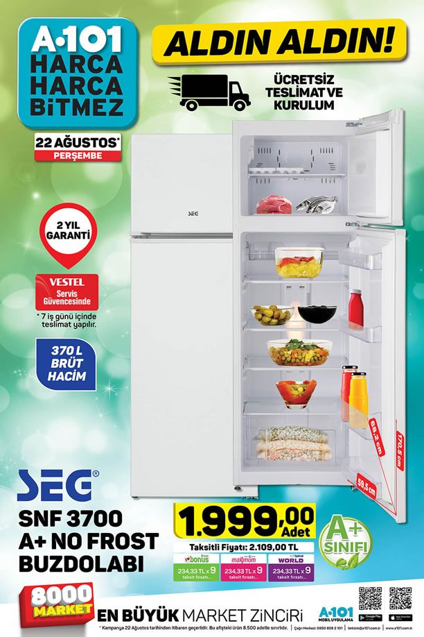 A101 22 Ağustos 2019 Kataloğu - SEG No Frost Buzdolabı