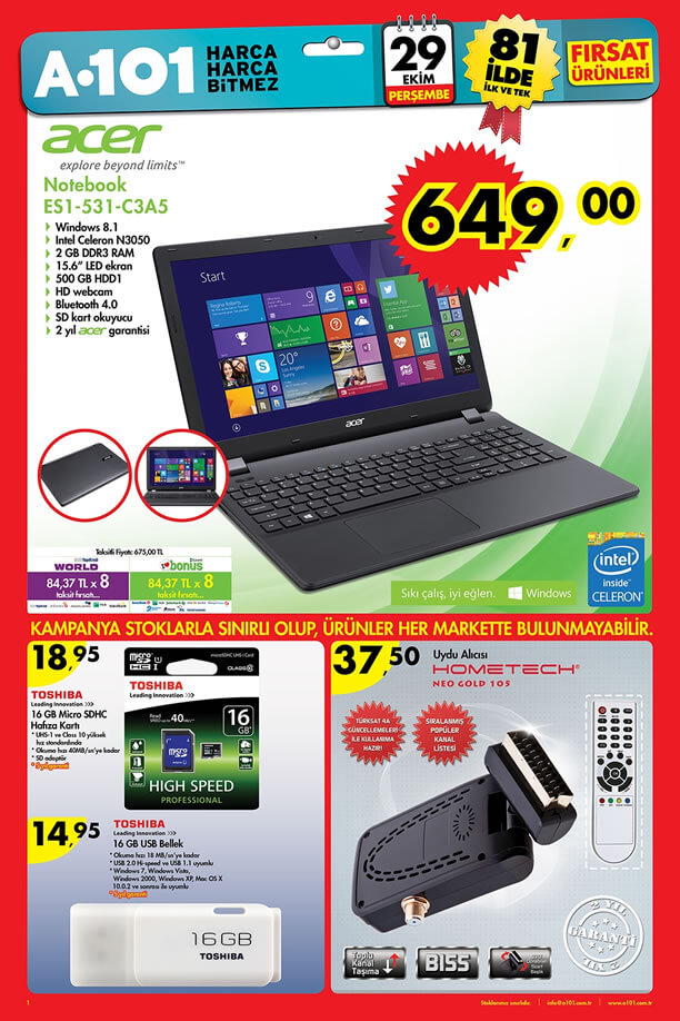 A101 29 Ekim 2015 Aktüel Ürünler Katalogu - Acer ES1-531-C3A5