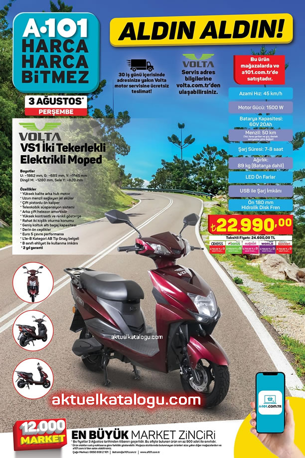 A101 3 Ağustos 2023 - Volta VS1 İki Tekerlekli Elektrikli Moped