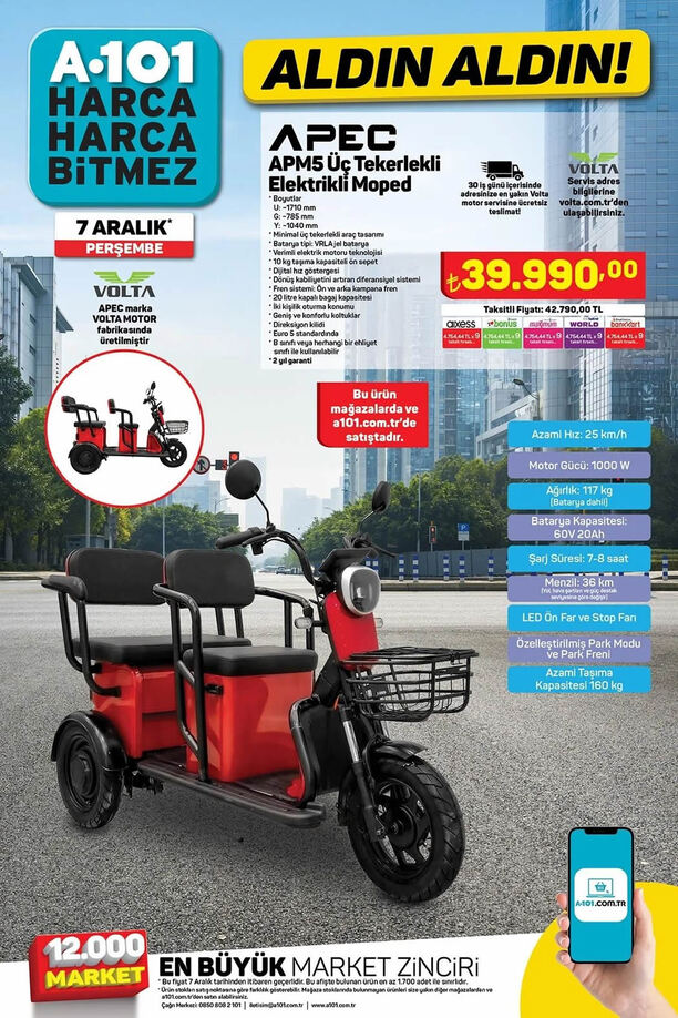 A101 7 Aralık 2023 - APEC APM5 Üç Tekerlekli Elektrikli Moped