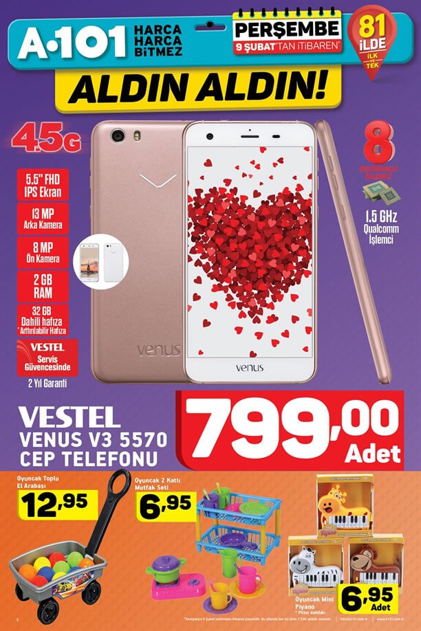 A101 9 Şubat 2017 Katalogu - Vestel Venüs V3 Cep Telefonu