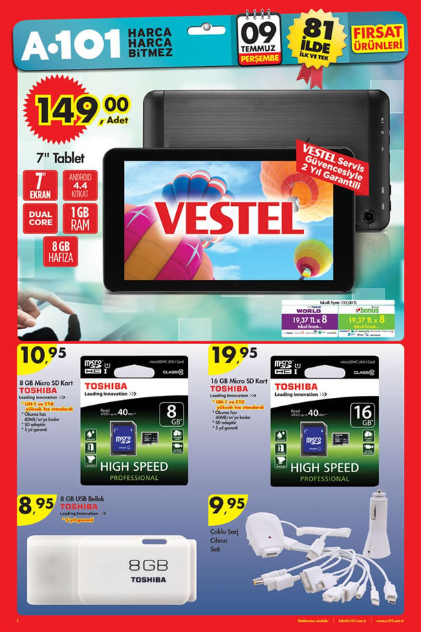 A101 9 Temmuz 2015 Aktüel Ürünler Katalogu - Vestel Tablet