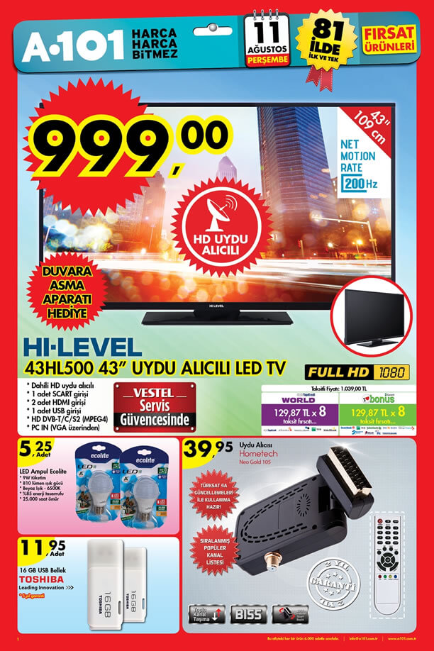 A101 Aktüel 11 Ağustos 2016 Katalogu - HI-LEVEL 43HL500 Led Tv