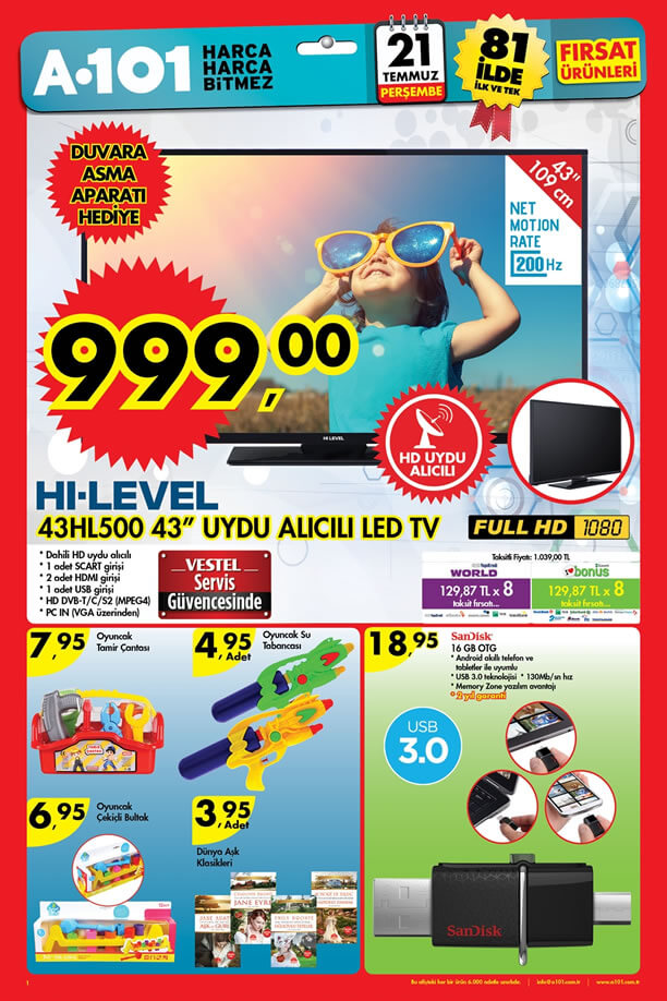 A101 Aktüel 21 Temmuz 2016 Katalogu - HI-LEVEL 43HL500 Led Tv