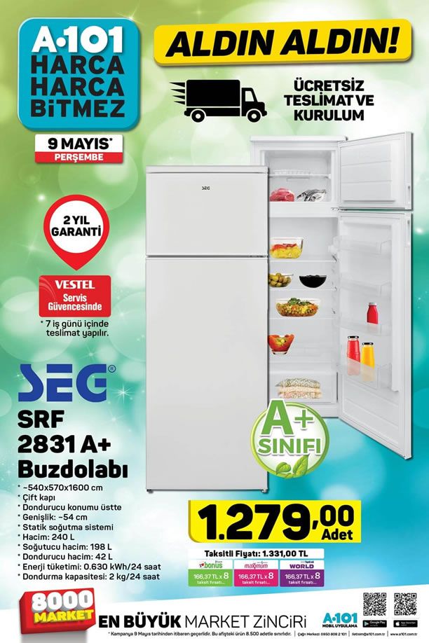 A101 Aktüel 9 Mayıs 2019 Kataloğu - SEG SRF 2831 A+ Buzdolabı