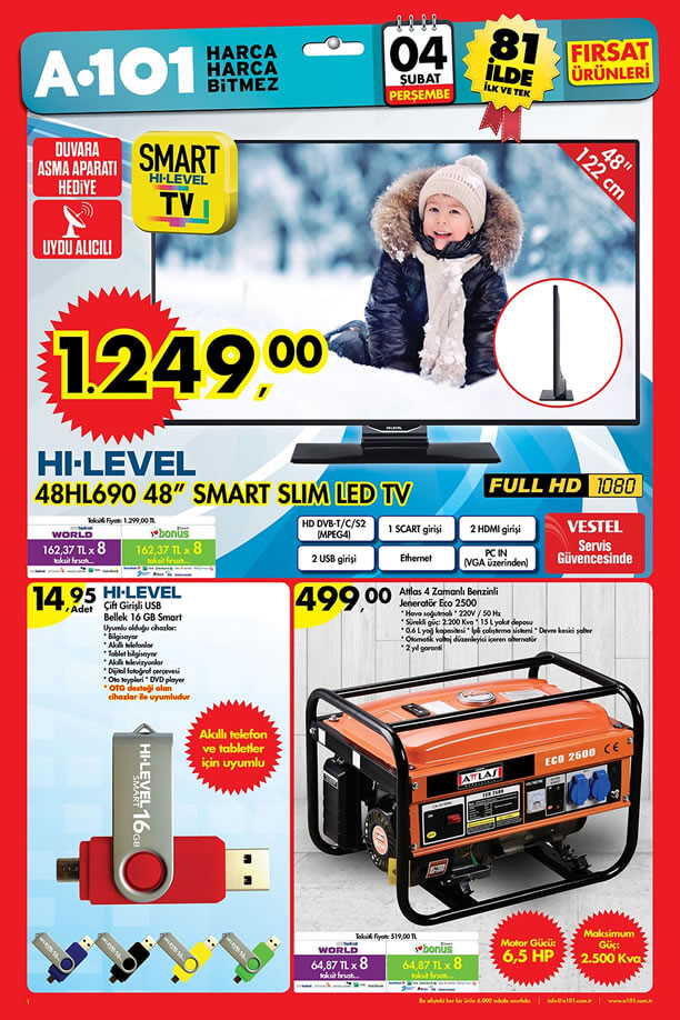 A101 Aktüel Ürünler 4 Şubat 2016 Katalogu - HI-LEVEL 48HL690 Smart Tv