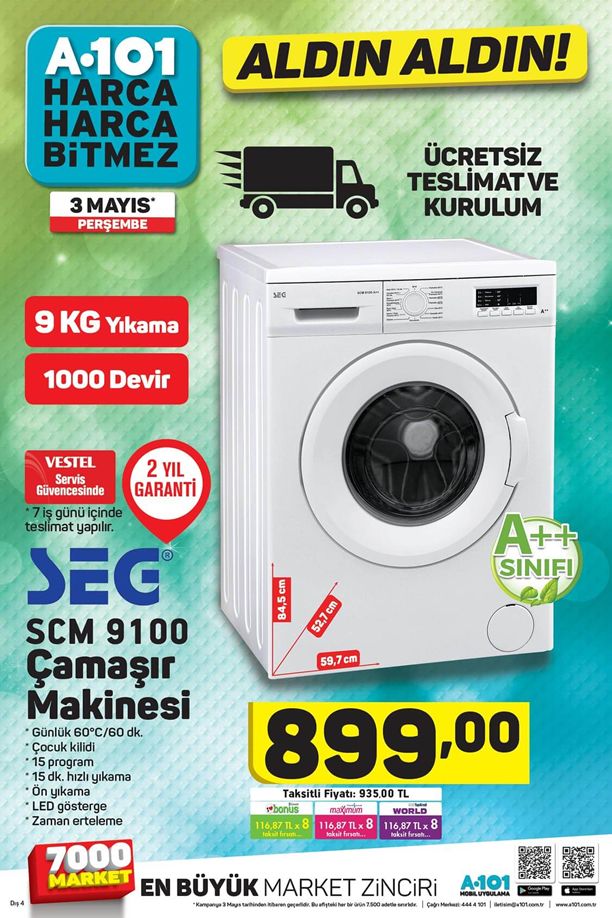 A101 SEG SCM 9100 Çamaşır Makinesi - 3 Mayıs 2018 Perşembe