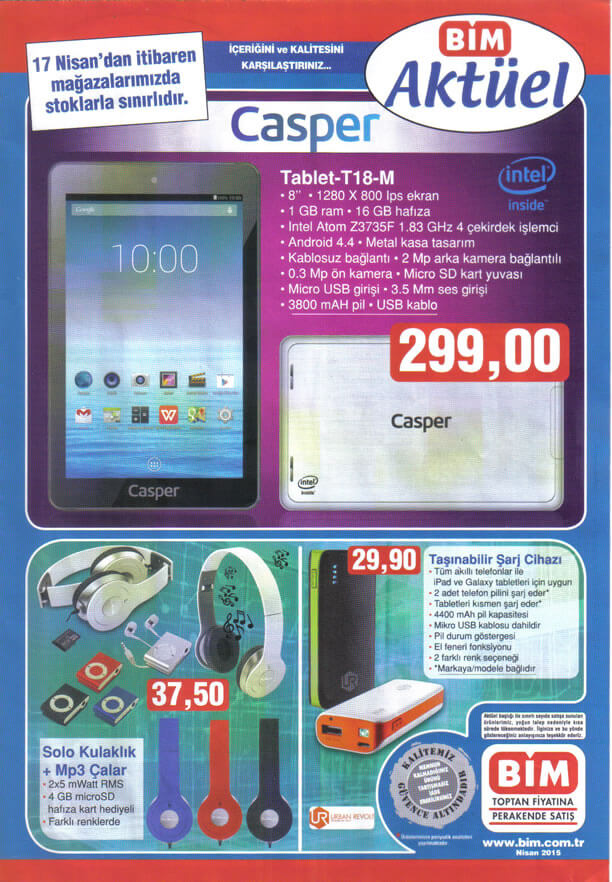 BİM 17 Nisan 2015 Aktüel Ürünler - Casper Tablet T18-M