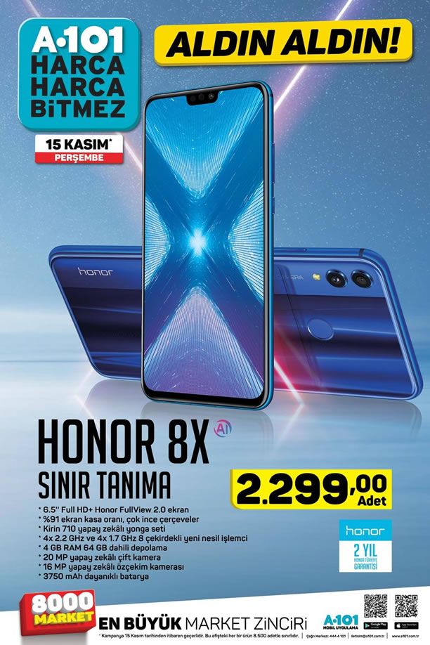 Honor X8 Cep Telefonu 15 Kasım 2018 Perşembe Günü A101 Markette